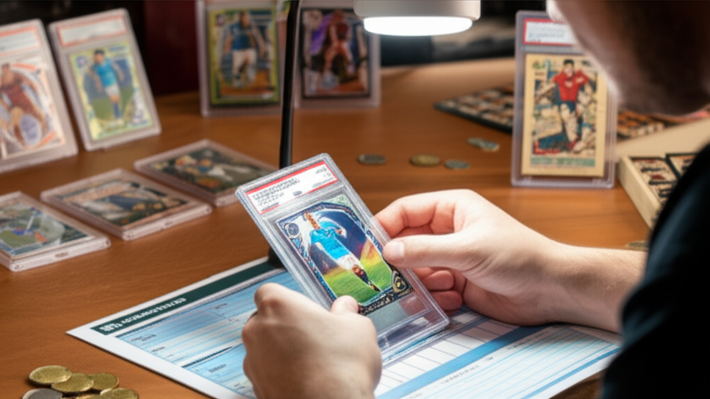 A collector carefully examining a raw Panini Prizm soccer card under bright lighting before submission, with a PSA submission form and several other slabbed soccer cards visible in the background, conveying the careful authentication process