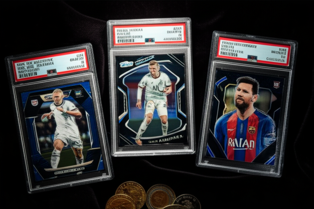 A dramatic flat-lay photograph of three graded PSA 10 soccer cards — a Panini Prizm Erling Haaland rookie, a Topps Chrome Kylian Mbappé, and a Panini Prizm Lionel Messi — arranged on dark velvet with a soft spotlight illuminating each slab's label