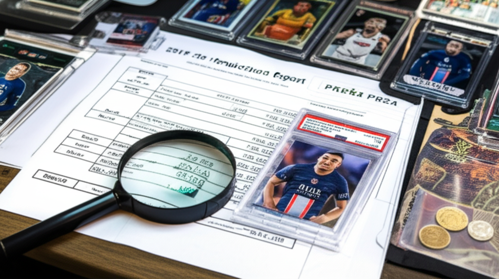 A side-by-side comparison shot of a PSA population report printout for a 2018 Panini Prizm Mbappé alongside a comparable NBA rookie Prizm, laid on a collector's desk with a magnifying loupe, showing the stark difference in graded population numbers