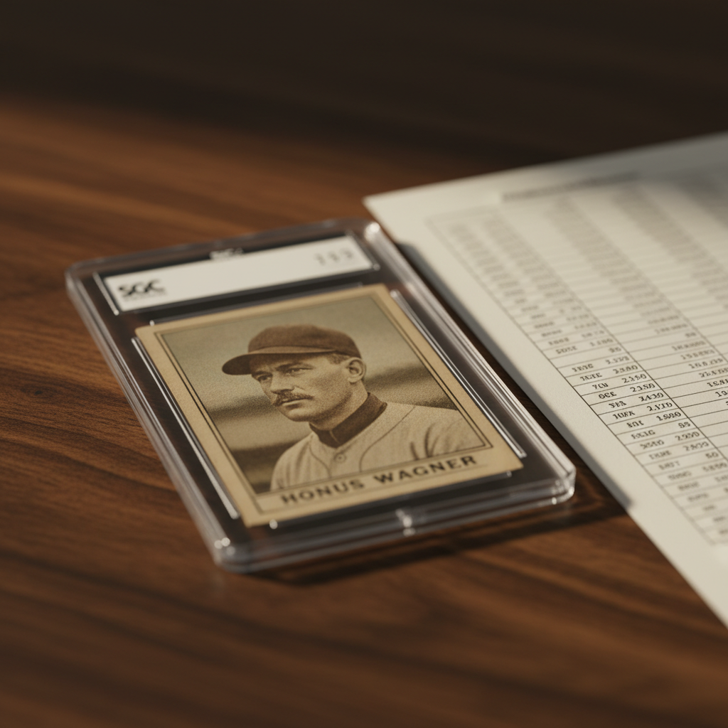 A close-up of a vintage T206 Honus Wagner card displayed next to an SGC grading holder and a population report printout, photographed on a wooden desk with warm lighting to evoke the card's historical weight
