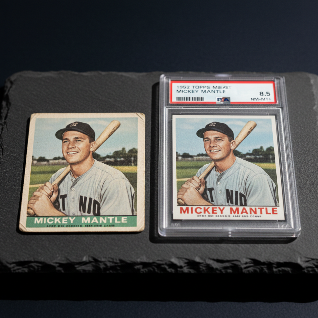 A side-by-side comparison of a raw 1952 Topps Mickey Mantle card and a PSA-graded version in its slab, both photographed on a dark slate surface with sharp overhead lighting to highlight the surface differences