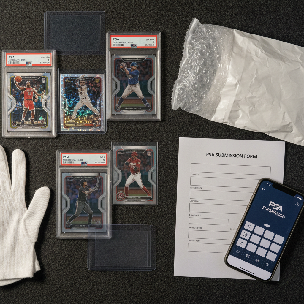 An overhead flat lay of card submission supplies — Card Saver I holders, penny sleeves, a bubble mailer, printed PSA submission form, cotton gloves, and a smartphone showing the PSA submission app