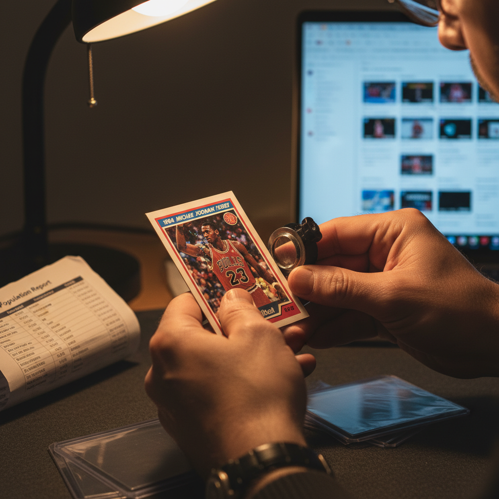 A collector examining a raw sports card under a bright desk lamp with a jeweler's loupe, surrounded by card sleeves, a population report printout, and a laptop showing eBay sold listings