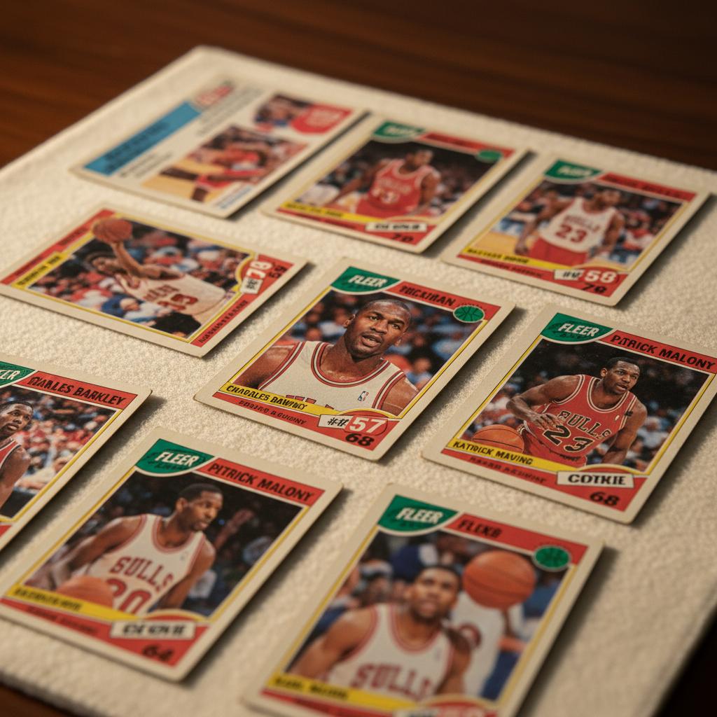 A 1986-87 Fleer basketball complete set spread across a light-colored display surface, with the Michael Jordan rookie card centered and slightly elevated, surrounded by Barkley, Ewing, and Malone rookies, all ungraded and showing their age with natural wear
