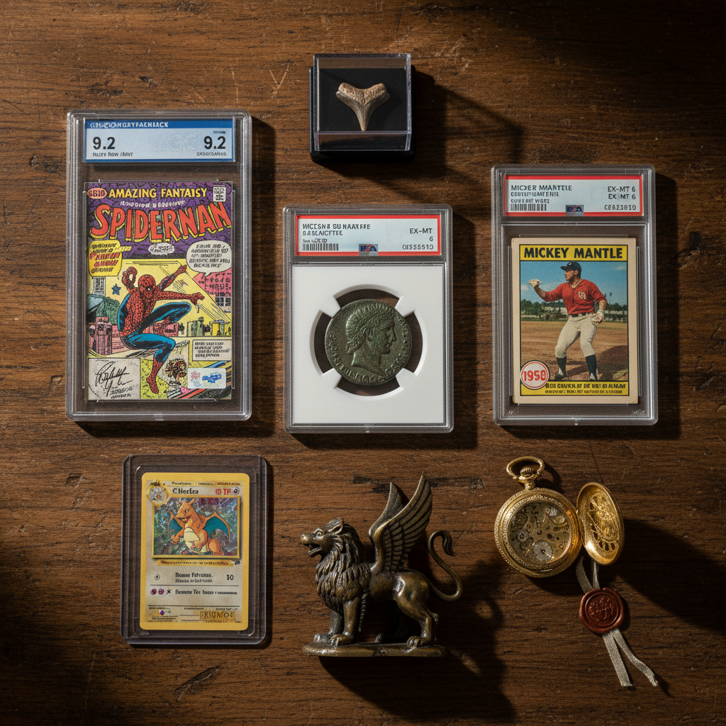 A flat-lay photograph of seven collectible items arranged on aged dark wood — a graded coin slab, a vintage baseball card in a PSA holder, a small bronze antique figurine, a graded comic book, and other collectibles, shot from directly overhead with warm dramatic lighting