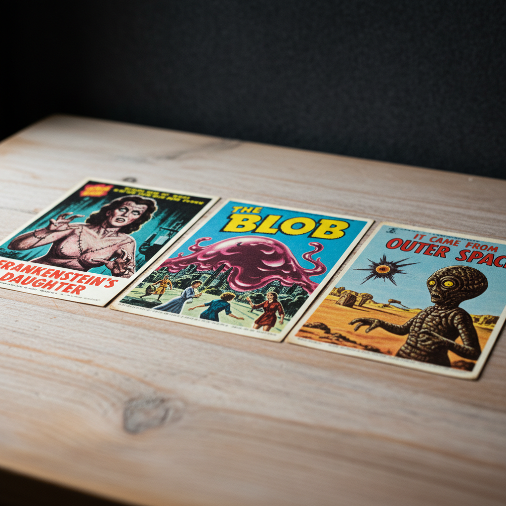 A collection of three original 1950s science fiction and horror movie lobby cards laid out on a light wooden table, showing vivid vintage color printing, slight age wear on the edges, and dramatic monster imagery — photographed at a slight angle with natural window light