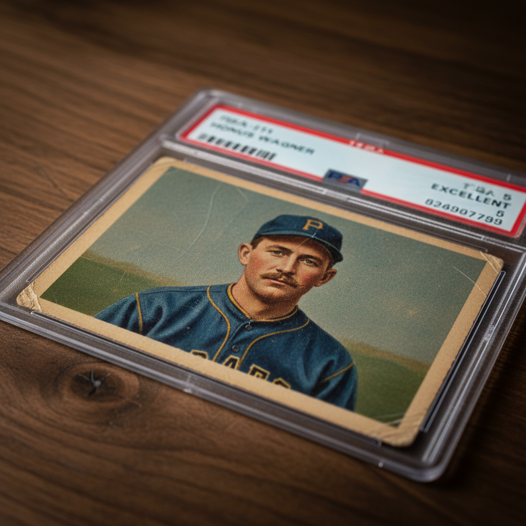 A close-up of a PSA 5 graded 1909-11 T206 Honus Wagner card in its slab, showing the iconic portrait of Wagner in a blue uniform, photographed against dark wood with soft dramatic lighting that highlights the card's aged edges and vibrant original color