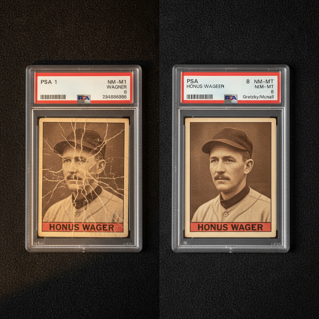 A split comparison image showing two T206 Wagner cards side by side — one heavily worn example graded PSA 1 showing significant edge wear and creasing, and the famous Gretzky/McNall copy in its original holder, illustrating the dramatic condition spectrum that defines the card's market
