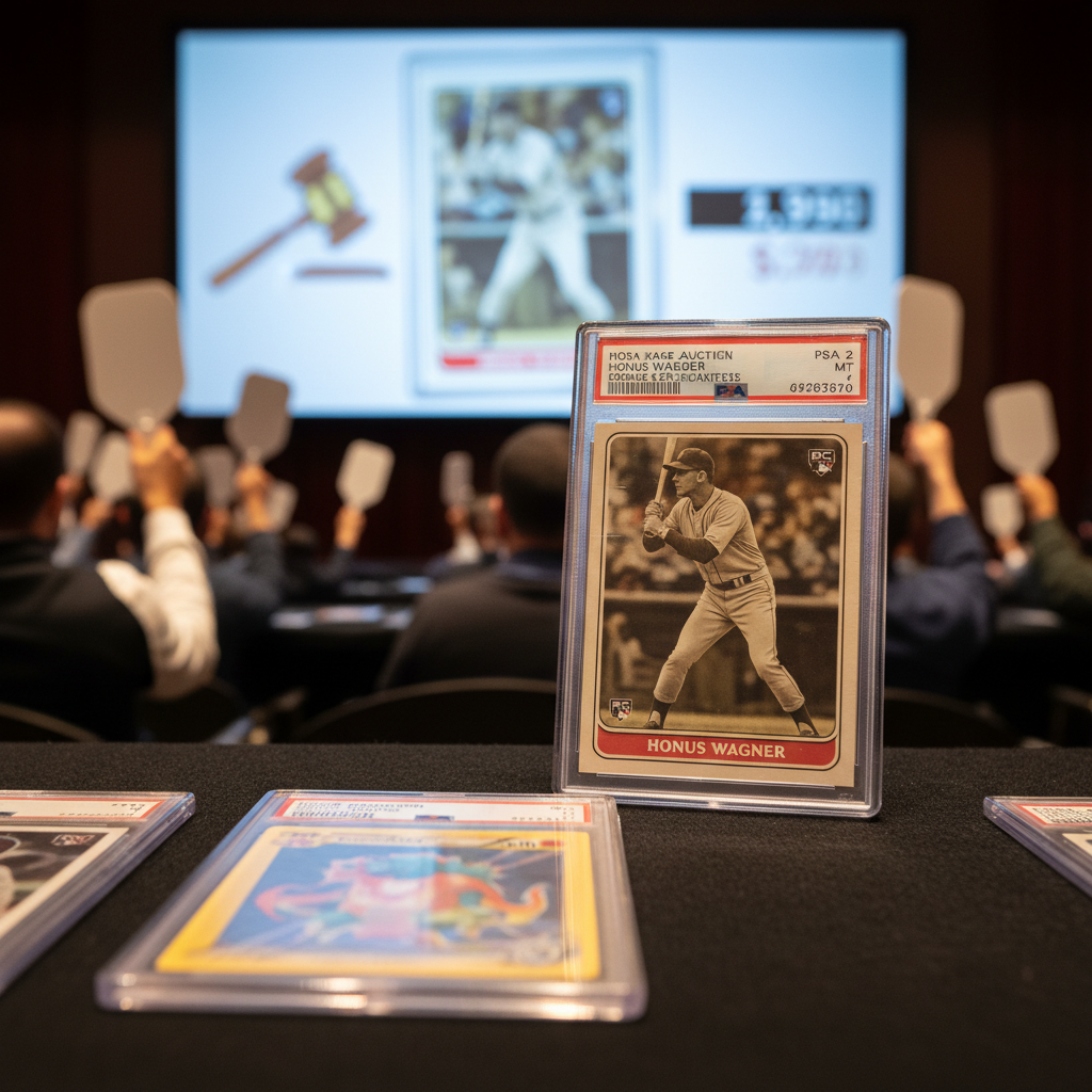An auction room at Heritage Auctions mid-sale, showing bidder paddles raised and a large screen displaying the T206 Wagner card image, capturing the electric atmosphere of a record-setting sports memorabilia auction