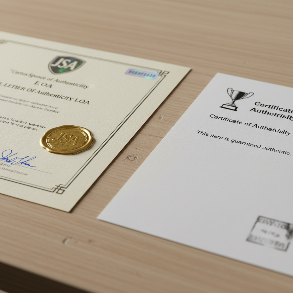 Side-by-side comparison of a legitimate JSA full LOA certificate next to a generic seller-issued COA on plain paper, photographed on a light wood table to illustrate the visual difference in documentation quality