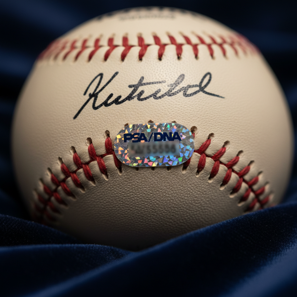 A close-up photograph of a PSA/DNA certified autograph sticker on the bottom of a signed baseball, with the holographic label in sharp focus and the signature visible on the ball's sweet spot, shot on a dark background with soft studio lighting