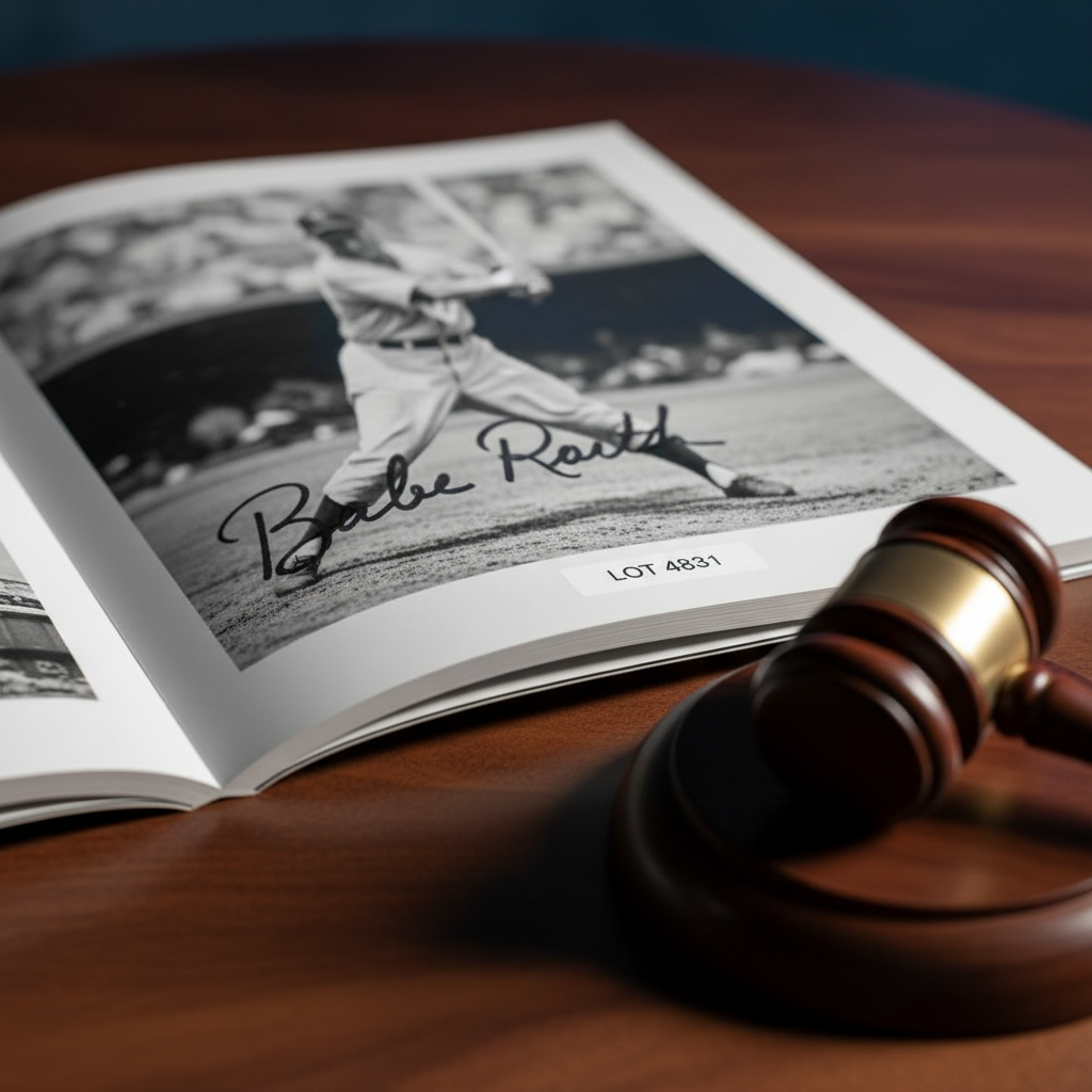 A Heritage Auctions catalog spread open to a page featuring a signed vintage baseball photograph, with a lot number visible and a gavel resting alongside it on a wooden auction table