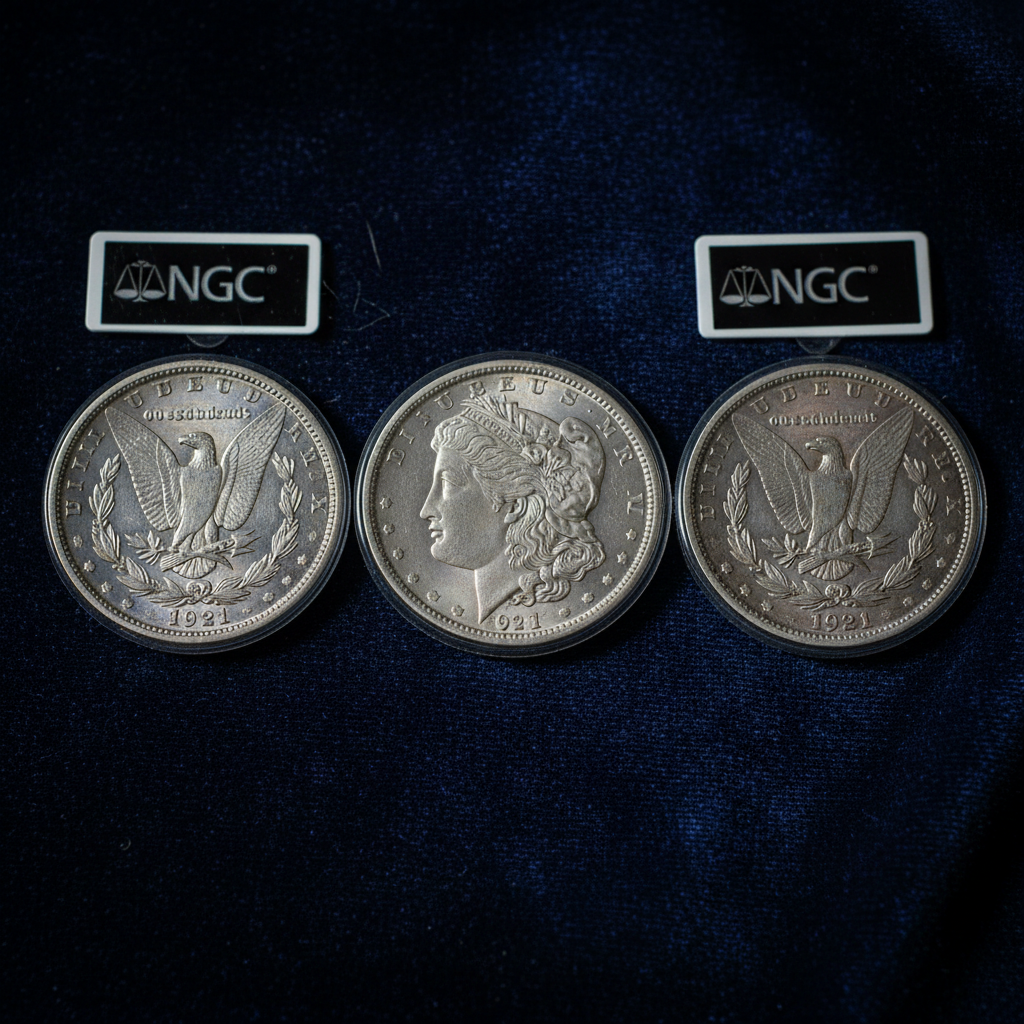 A lineup of three Morgan silver dollars in NGC slabs arranged on dark velvet, photographed from above with dramatic side lighting that catches the coin surfaces — one showing the 1921 date clearly, the others slightly angled to show the slab labels