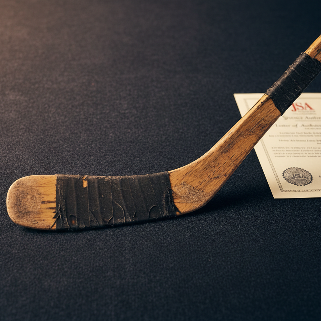 A Wayne Gretzky game-used hockey stick displayed horizontally against a dark background, with a JSA Letter of Authenticity document partially visible beside it, the stick showing visible game wear and tape marks