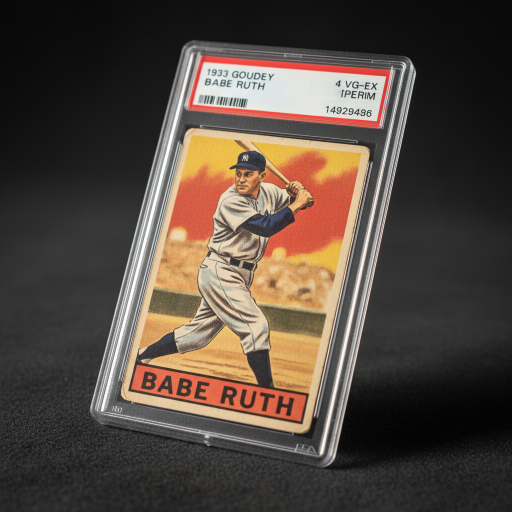 A 1933 Goudey Babe Ruth card in a PSA slab, held at a slight angle to show the card's surface texture and the slab label simultaneously, with soft warm lighting that emphasizes the card's age and the vivid original artwork