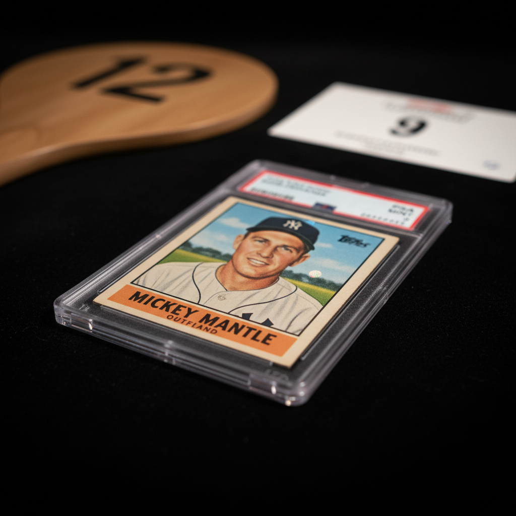 A PSA-graded 1952 Topps Mickey Mantle card in its plastic slab, photographed against a black velvet background with a Heritage Auctions paddle and bidding placard visible in the soft-focus background, suggesting a high-stakes auction environment