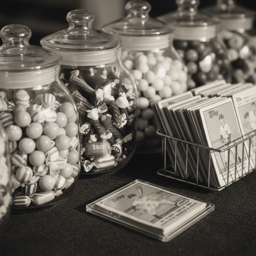 A black-and-white photograph from the early 1950s of a Brooklyn corner store candy counter, showing glass jars of penny candy and a display rack with Topps baseball card packs, evoking the era when the 1952 set was first sold