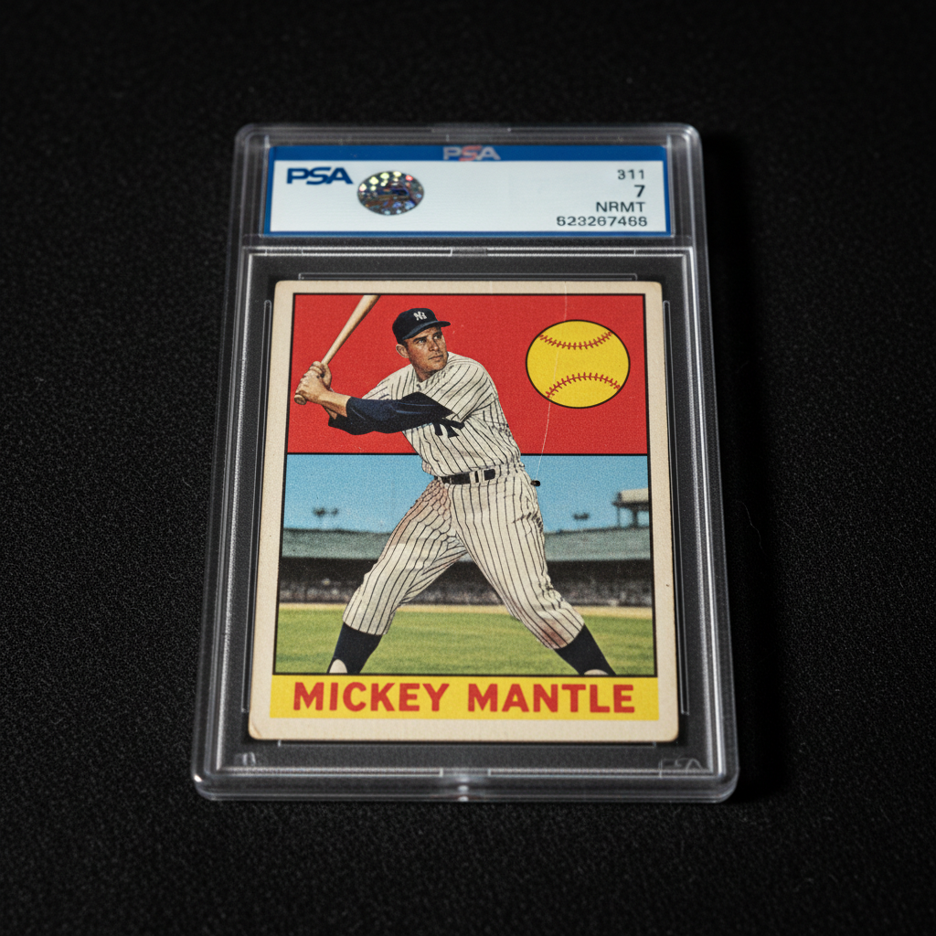 A high-resolution scan of a 1952 Topps Mickey Mantle card #311, showing the full-color front with Mantle in his Yankees uniform against the red background, displayed flat on a dark surface with dramatic side lighting emphasizing the card's corners and surface texture