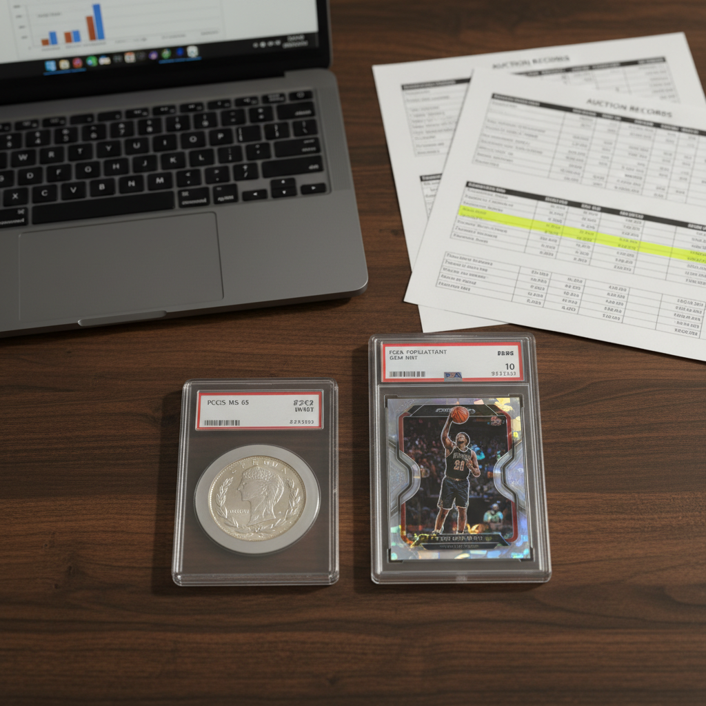An overhead flat-lay of a collector's research setup — a laptop showing a PSA population report, printed auction records with yellow highlights, a graded coin slab, and a graded sports card slab side by side on a dark wooden desk