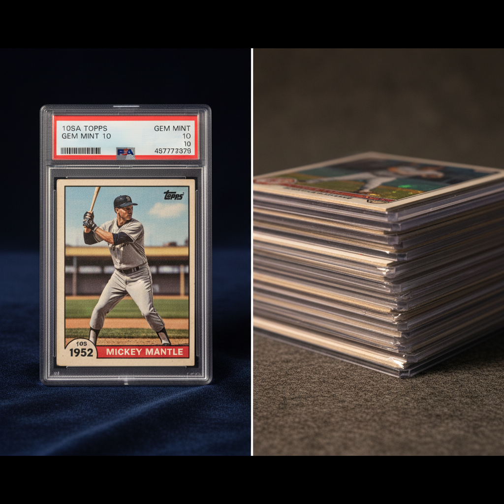 A split-screen comparison of two auction lots — on the left, a high-grade PSA 10 vintage baseball card in its slab under professional lighting; on the right, a stack of mid-grade modern cards in penny sleeves, illustrating the market's barbell dynamic