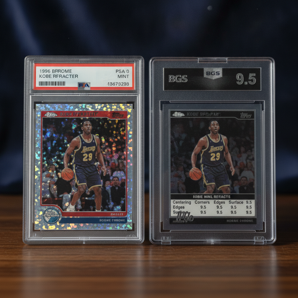 A side-by-side comparison of two graded card slabs on a light background — a PSA 10 and a BGS 9.5 of the same card — with the Beckett subgrade label clearly visible