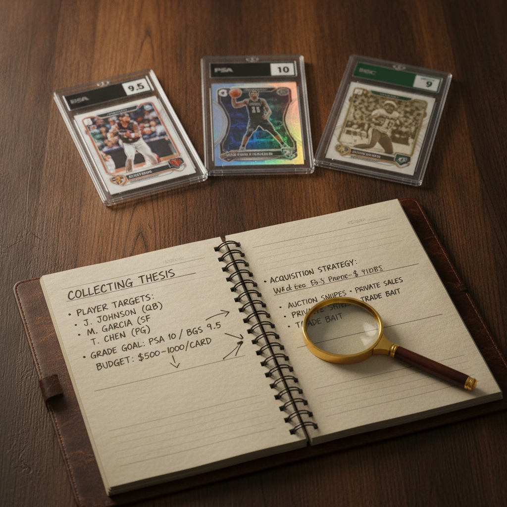 A collector's notebook open on a wooden desk, showing a handwritten collecting thesis with player names, grade targets, and budget notes alongside a few graded card slabs in the background