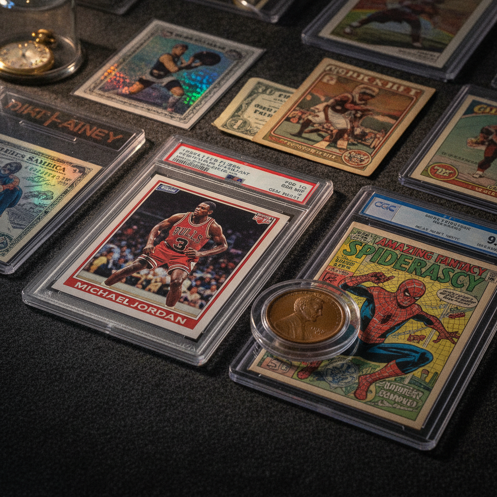 An overhead shot of a busy card show floor with dealers' tables covered in binders, graded slabs in display cases, and collectors browsing — shot from slightly above to capture the scale and energy of the room